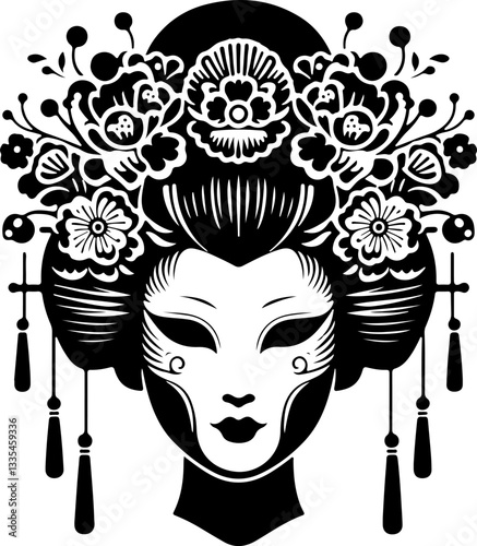 vector sketch illustration silhouette design detail beautiful woman geisha ethnic traditional classic vintage