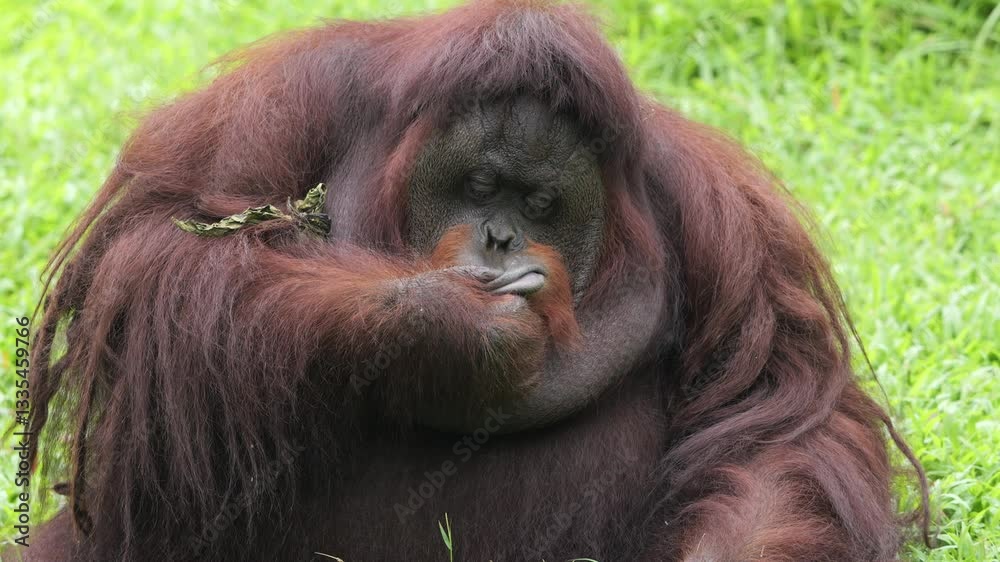 A bornean orang utan sitting and showing funny expression outdoor A bornean orang utan sitting and showing funny expression outdoor