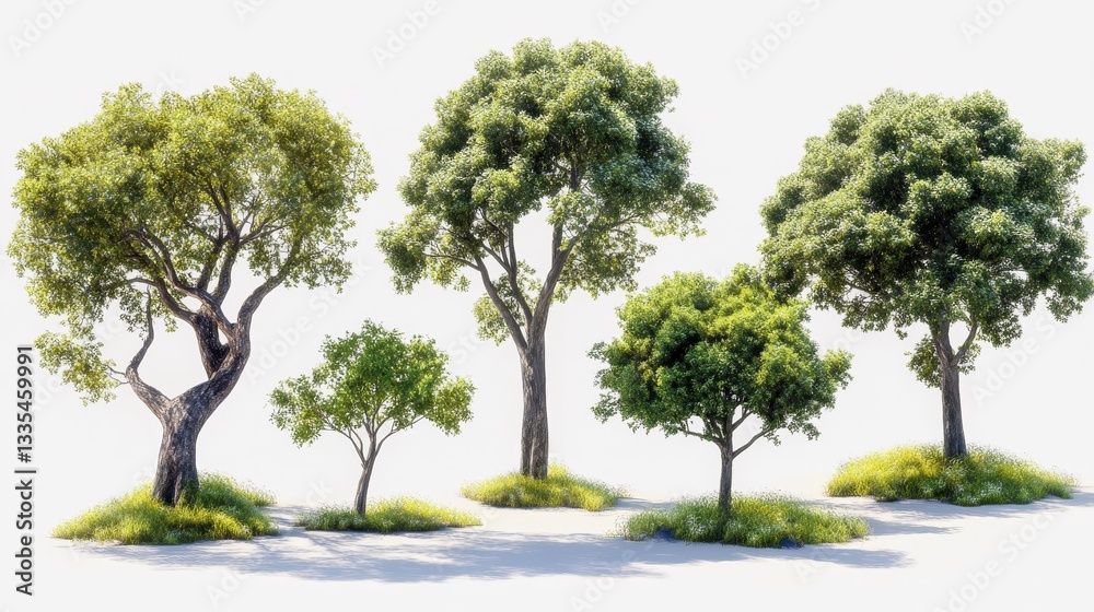 Fototapeta premium Variety of green trees in a sunny meadow against clear sky