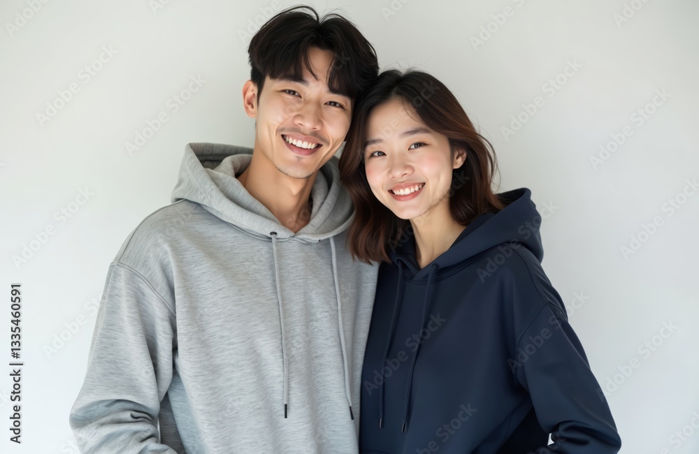 Cute Korean couple hug on white background. Asian man, woman in casual hoodie smiling, posing together. Romantic lovers looking at camera, in love, enjoying relationship. Dating concept. Happy Cute Korean couple hug on white background. Asian man, woman in casual hoodie smiling, posing together. Romantic lovers looking at camera, in love, enjoying relationship. Dating concept. Happy