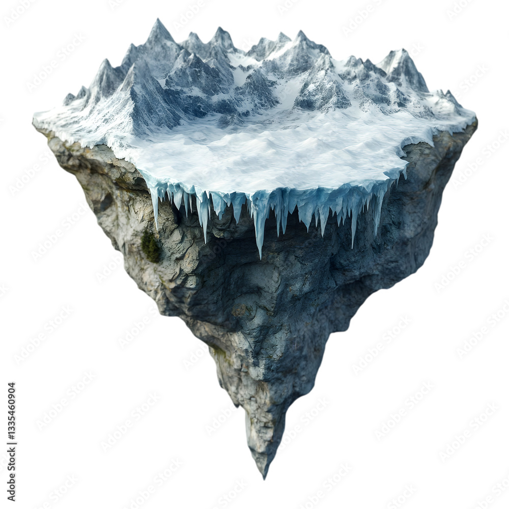 Obraz premium Floating icy mountain terrain with snow and cliffs perfect for fantasy landscape concept cold environment or dramatic natural environment design