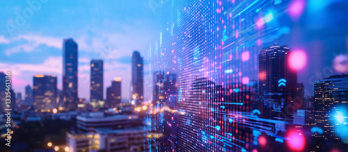 Wallpaper Mural B2B Hologram Networks in Urban Twilight Scene Torontodigital.ca