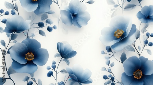 Elegant blue floral pattern with delicate blooms and leaves on light background