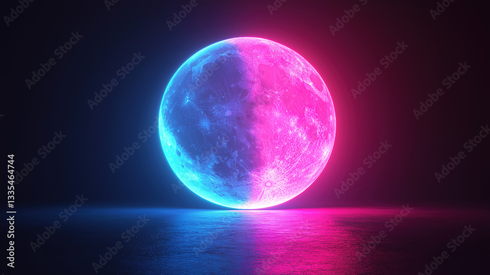 Obraz premium Pink and blue neon light moon icon glowing brightly in vibrant night mode technology style