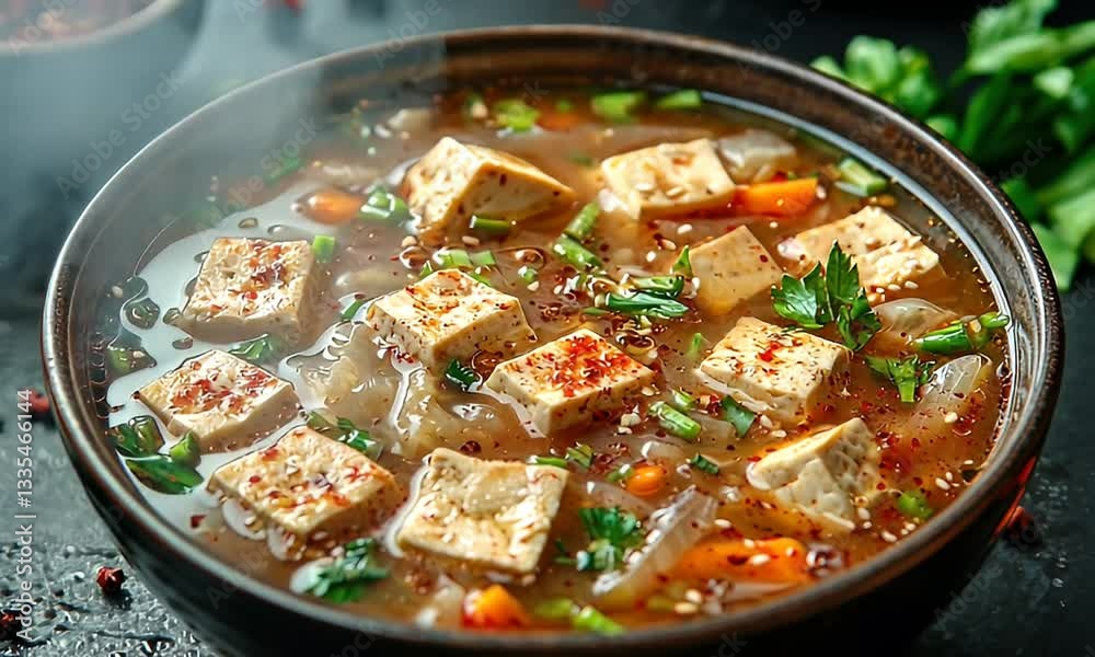 Aromatic Tofu Soup with Fresh Vegetables and Spices in a Bowl on a Dark Background with Steam Rising Aromatic Tofu Soup with Fresh Vegetables and Spices in a Bowl on a Dark Background with Steam Rising