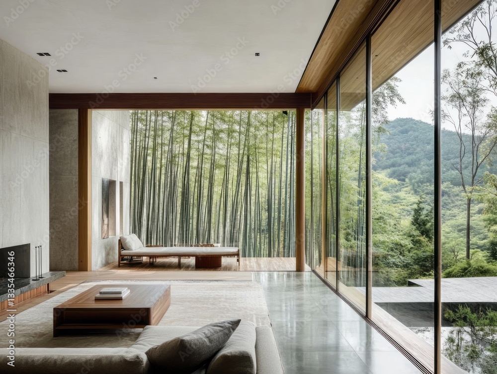 Fototapeta premium Modern interior living space with natural exterior views and decor