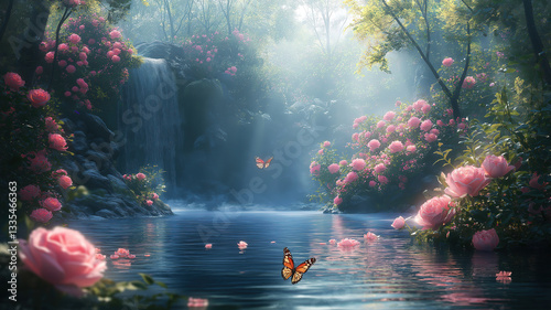 Enchanted fairy tale scene with a woodland lake, pink rose garden, and butterflies