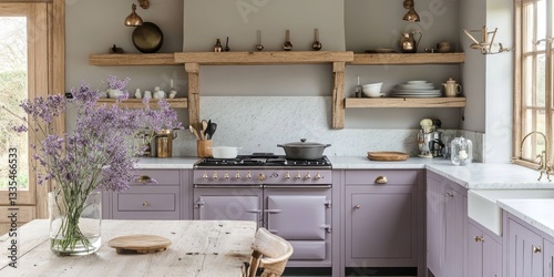 A stylish rustic lavender colored kitchen with wooden elements