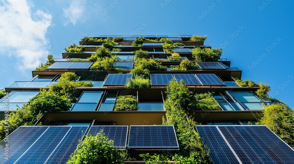 Eco-conscious building facade adorned with solar panels and lush greenery, promoting renewable energy and sustainable living in urban environment