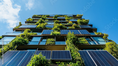 Obraz na płótnie Eco-conscious building facade adorned with solar panels and lush greenery, promoting renewable energy and sustainable living in urban environment w salonie