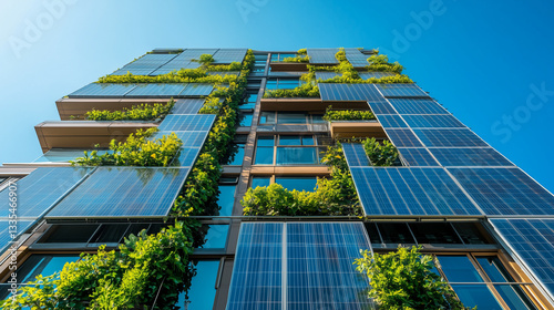 Sustainable building facade adorned with solar panels and climbing plants, symbolizing green energy and eco-conscious architecture