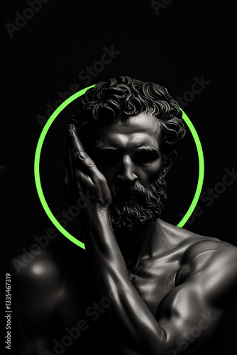 Classical Sculpture with Green Circular Halo