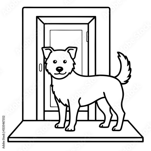 a friendly dog standing at a closed door, waiting patiently to be let inside. It has a sweet expression on its face and a wagging tail