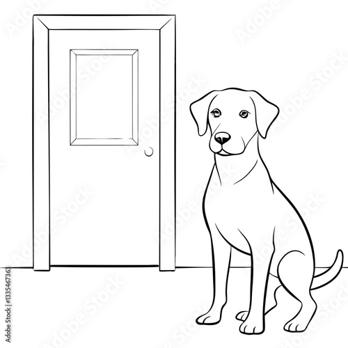 a faithful dog sitting patiently by a closed door. The dog has a gentle expression, waiting to be let in