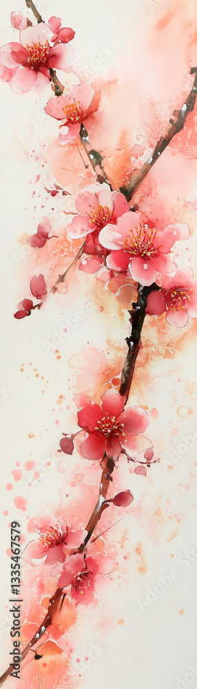 Delicate pink cherry blossoms blooming on branch, watercolor painting highlighting spring's soft, ethereal color palette