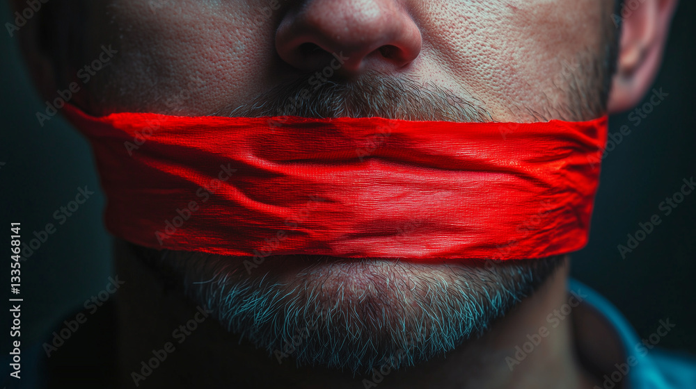Caucasian male silencing speech, red adhesive tape sealing lips, representing communication suppression