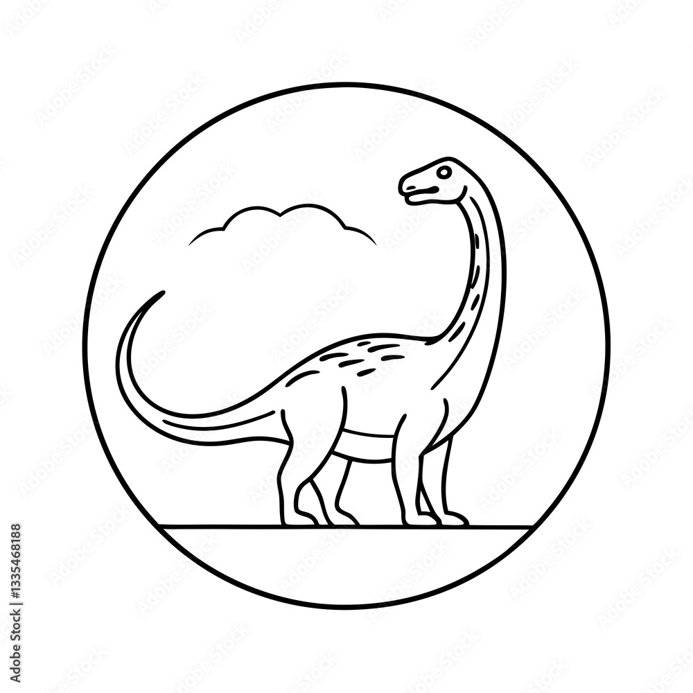 Fototapeta premium a minimalist line art illustration of a Brachiosaurus dinosaur within a circular frame. The dinosaur has a long neck and tail, with a cloud in the background.