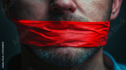 Obraz na płótnie Caucasian male silencing speech, red adhesive tape sealing lips, representing communication suppression w salonie