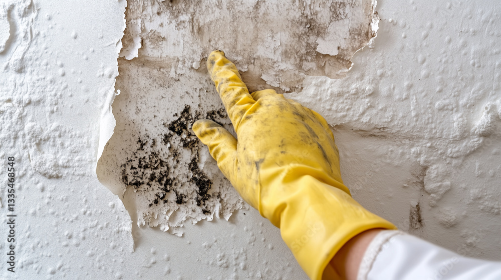 Protective gloved hand indicating black toxic mold growing on water-damaged wall, exposing hazardous indoor environmental contamination