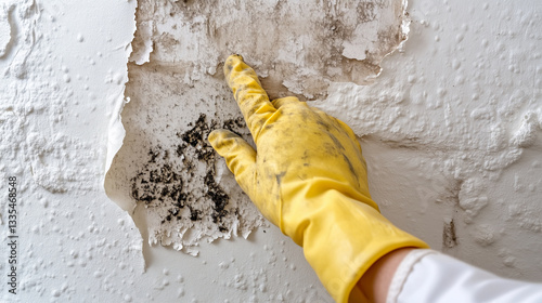 Obraz na płótnie Protective gloved hand indicating black toxic mold growing on water-damaged wall, exposing hazardous indoor environmental contamination w salonie