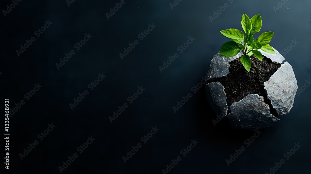 Naklejka premium Young green sprout growing from cracked stone sphere on dark background, symbolizing breakthrough, resilience and new beginnings in business concept.