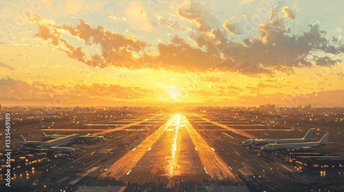 Dreamy airport landscape, runway shimmering like a golden ribbon under an ethereal morning sky, hues of soft yellow and vivid blue, fantasy illustration photo