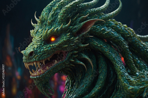 Green Fire-Breathing Dragon with Piercing Eyes: A Legendary Serpentine Beast.