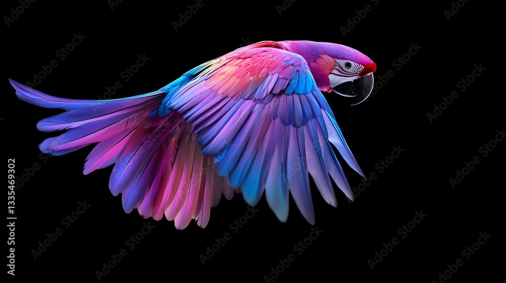 Obraz premium Vibrant scarlet macaw in flight displaying pink and blue feathers against black background, wings spread wide showing detailed plumage pattern and natural grace in motion.