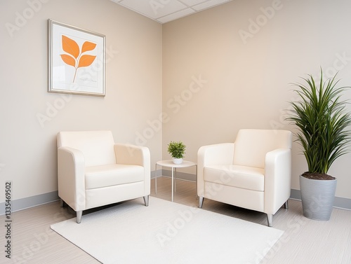 Modern waiting area featuring two white chairs, a small table, and decorative plants