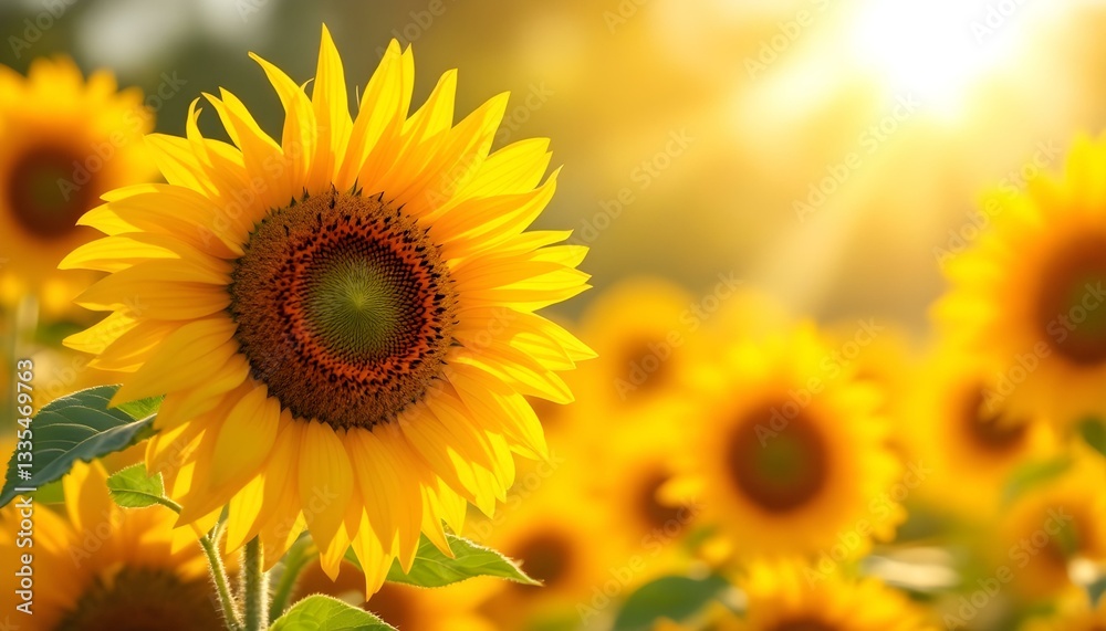 Obraz premium Vibrant sunflower field, close-up of sunflower