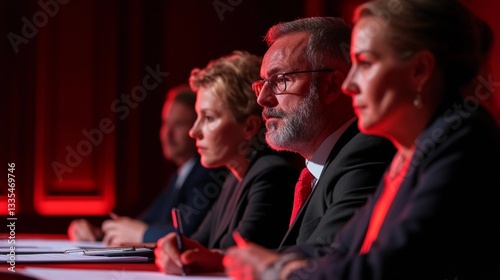 A panel of judges thoughtfully reviewing entries or materials at a contest, with clipboards and scoring sheets, depicting an official judging process. 