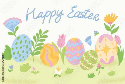 Easter background with eggs and spring flowers. Vector easter egg hunt design. Spring flowers and easter eggs. Horizontal holiday cover