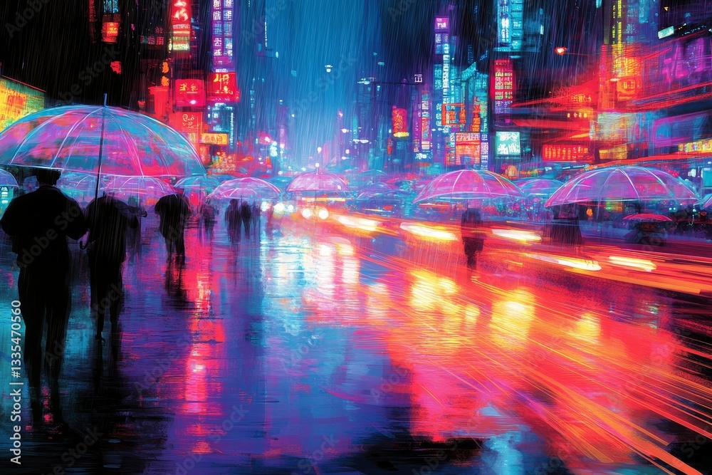 Obraz premium Neon Reflections in the Rain, Rain showers