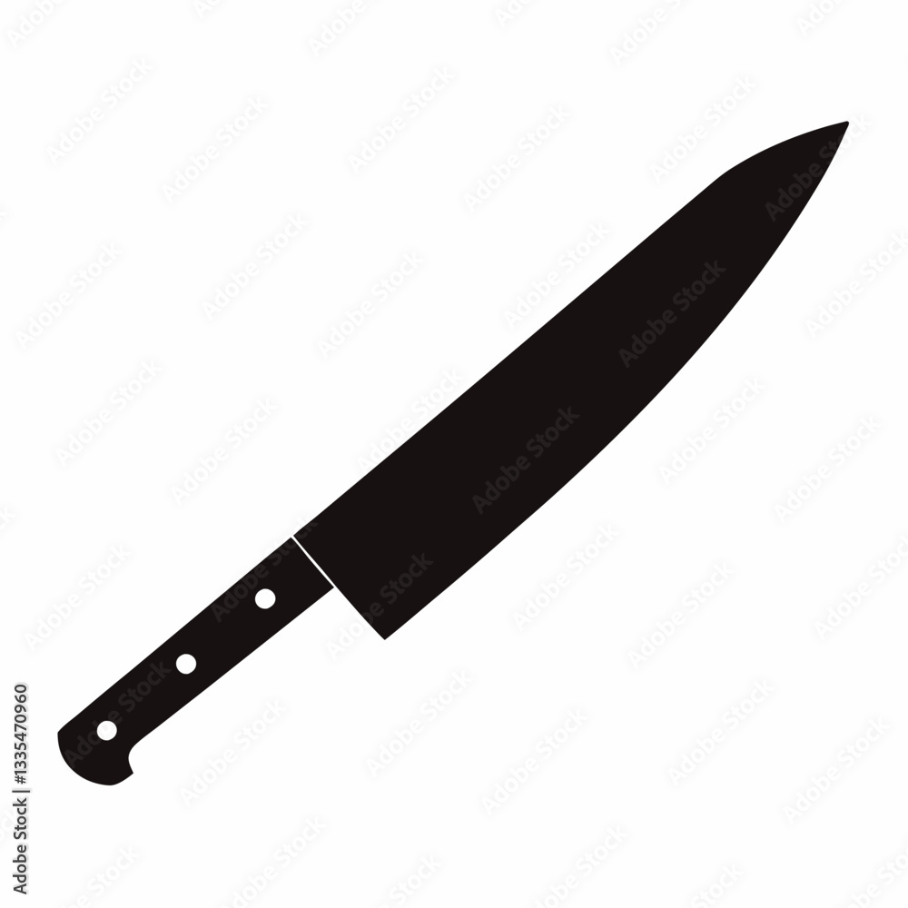 A sharp kitchen knife with a black handle on a white background, isolated and shiny, made of stainless steel, designed for cutting food A sharp kitchen knife with a black handle on a white background, isolated and shiny, made of stainless steel, designed for cutting food