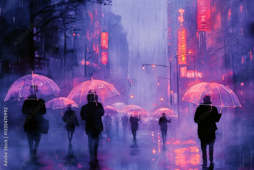 Obraz premium Neon Reflections in the Rain, Rain showers