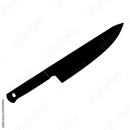 A sharp kitchen knife with a black handle on a white background, isolated and shiny, made of stainless steel, designed for cutting food