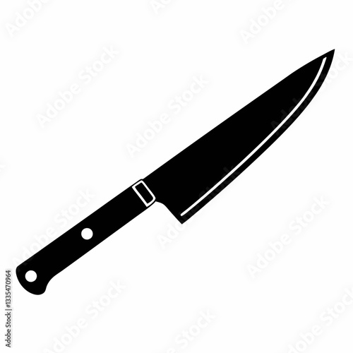 A sharp kitchen knife with a black handle on a white background, isolated and shiny, made of stainless steel, designed for cutting food
