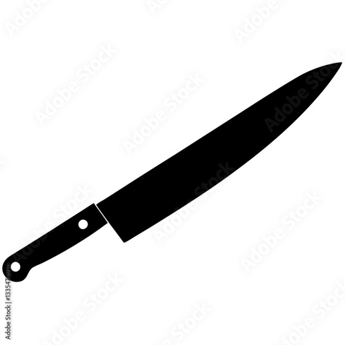 A sharp kitchen knife with a black handle on a white background, isolated and shiny, made of stainless steel, designed for cutting food
