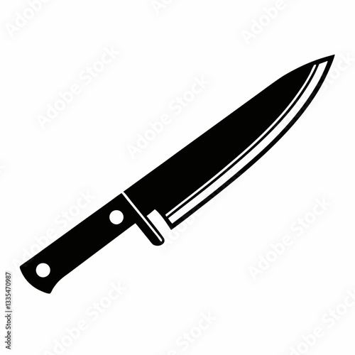A sharp kitchen knife with a black handle on a white background, isolated and shiny, made of stainless steel, designed for cutting food