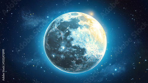 Illustration of full moon in a blue night sky with stars and Earth satellite in space