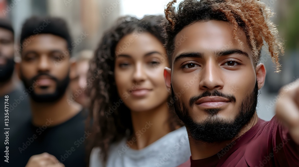 Young diverse friends smiling and looking at camera outdoors in urban setting, featuring natural curly hair and casual style, expressing joy and unity. Young diverse friends smiling and looking at camera outdoors in urban setting, featuring natural curly hair and casual style, expressing joy and unity.