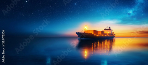 Cargoship sailing through a glowing coral sea at night photo
