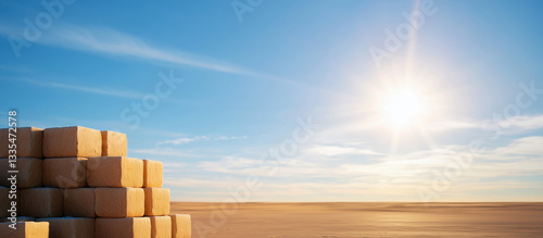 Cargoship transports wool through barren landscape under midday sun photo