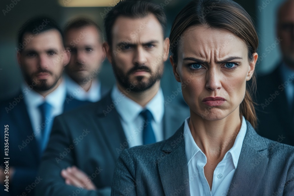 Frustrated business professionals posing for the camera with angry colleagues in background Frustrated business professionals posing for the camera with angry colleagues in background