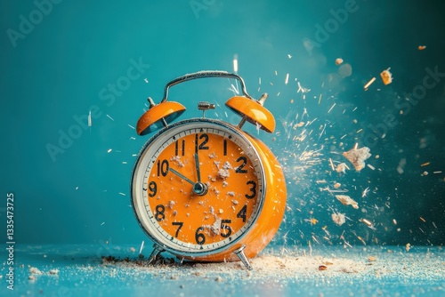Orange retro alarm clock shattering dramatically against a blue background.