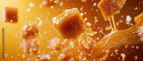 Wallpaper Mural A deep amber background with caramel fudge pieces suspended mid-air, some breaking apart to reveal their gooey centers Torontodigital.ca