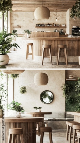 Organic minimalist restaurant interior, raw wooden tables, indoor plants, earthy color scheme, seamless natural-modern fusion photo