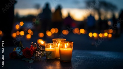 A shot of lit candles and flowers in a dark setting outside with blurred figures in the background, representing a community grieving and remembering victims of gun violence