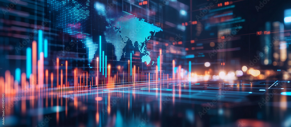 Fototapeta premium Digital Growth Trends with World Map and Rising Bars in Daylight