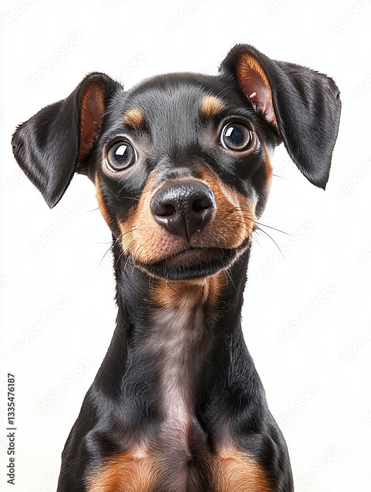 A close-up portrait of a cute black and tan puppy with big expressive eyes against a white background.